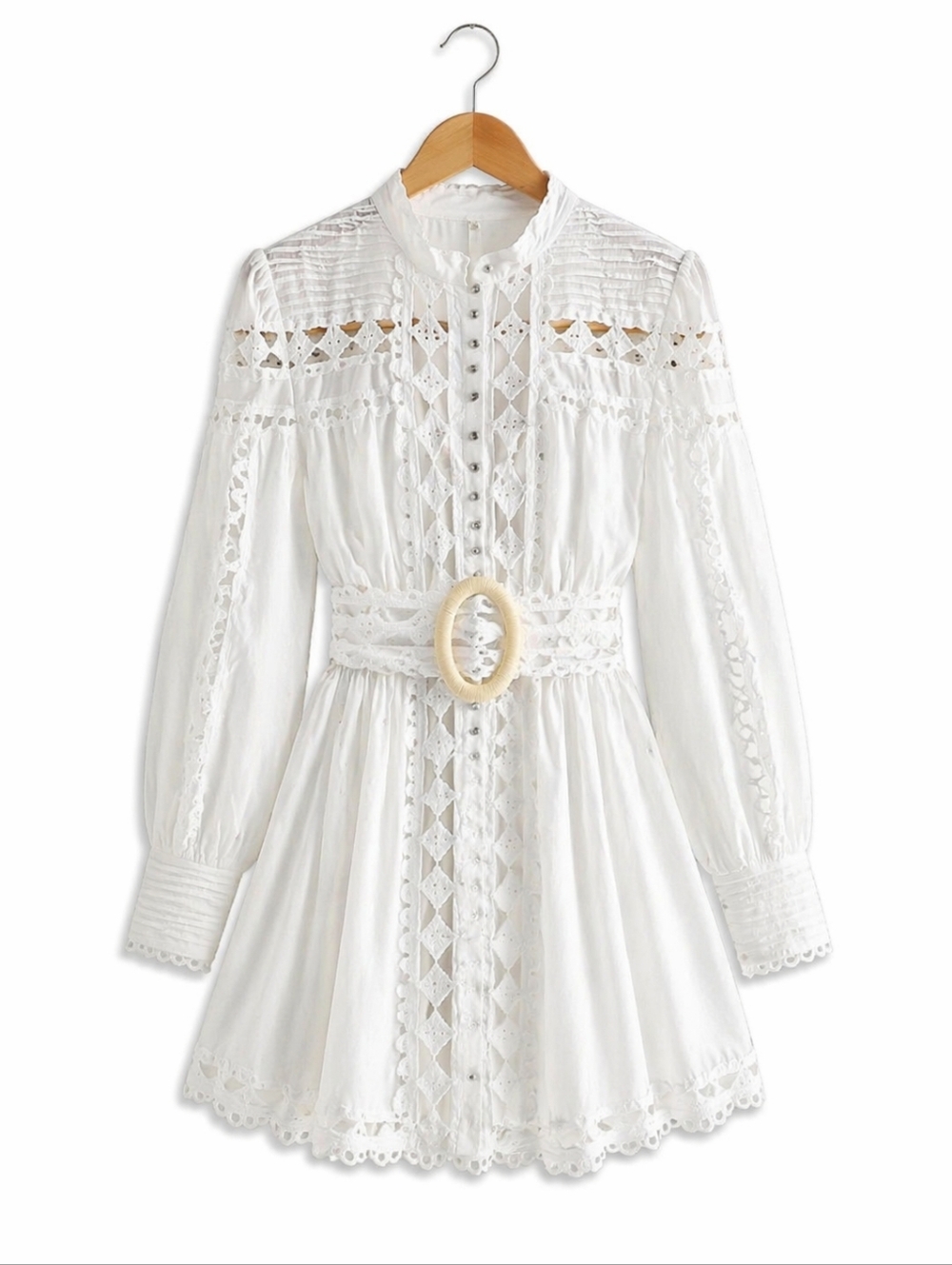 White Lace Belted Mini Dress